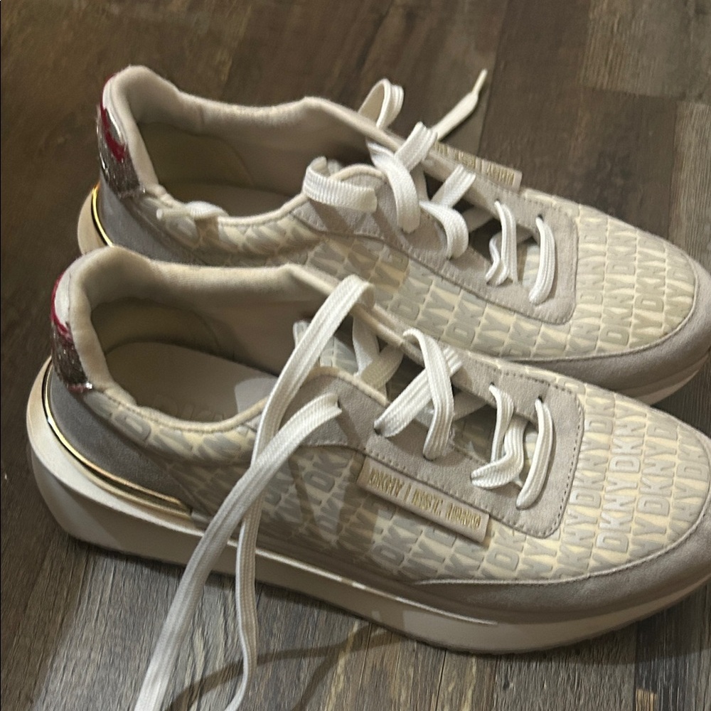 DKNY Beige and White Logo Sneakers